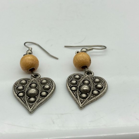 Vintage Boho Heart Drop Earrings, Wooden Bead and Brutalist Heart Dangle - Picture 4 of 6